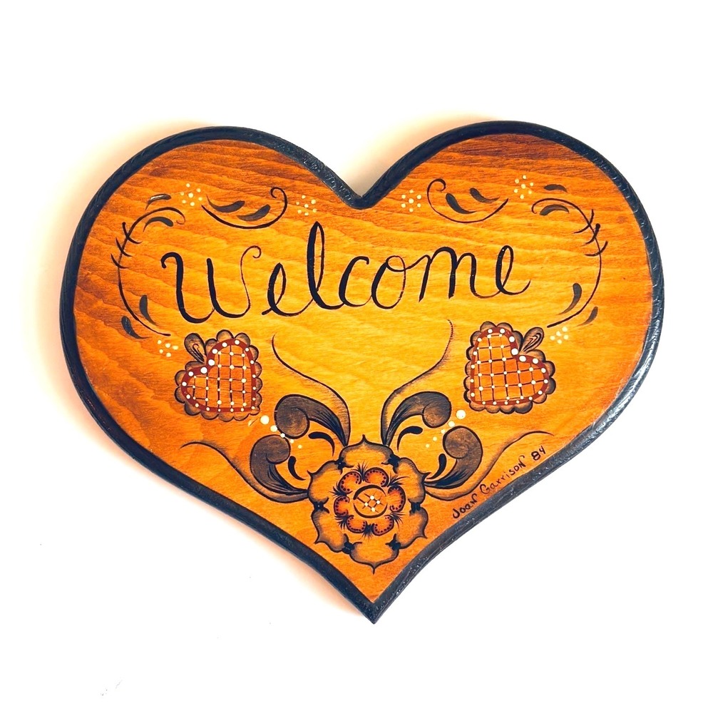 Vintage Wooden Welcome Heart Sign Hand Painted Rosemaling Folk Art Wall Decor